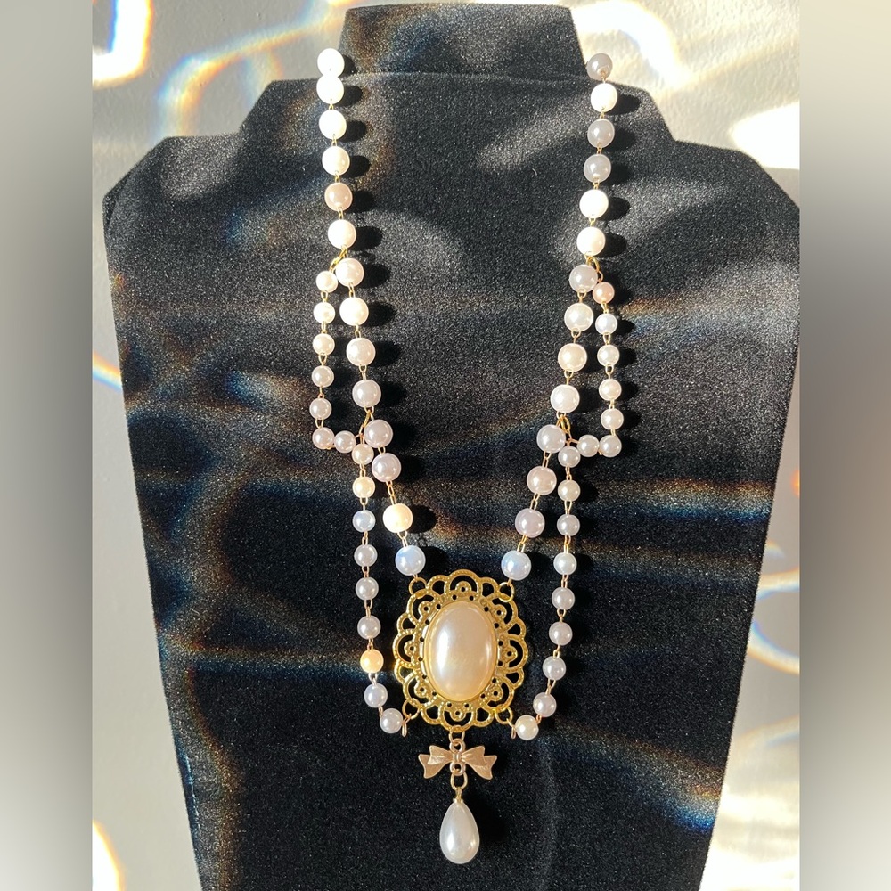 Elegant Faux Pearl and Gold Tone Costume Necklace, Handmade, Lightweight